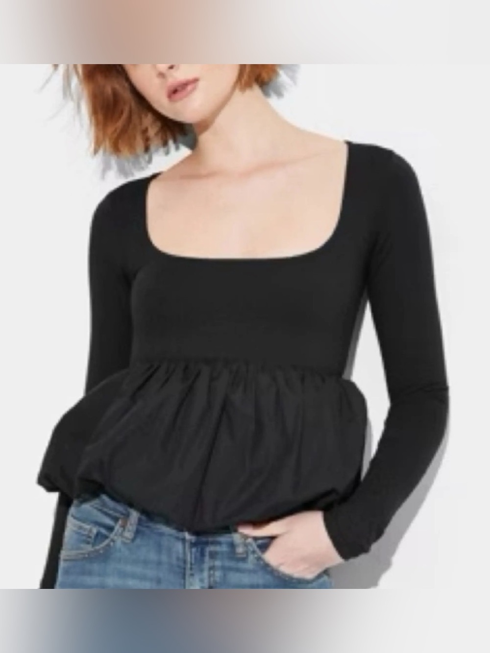 WILD FABLE Black Square Neck Long Sleeve Peplum Top